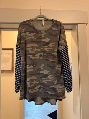 Camo Print Top with Navy Stripe Sleeves